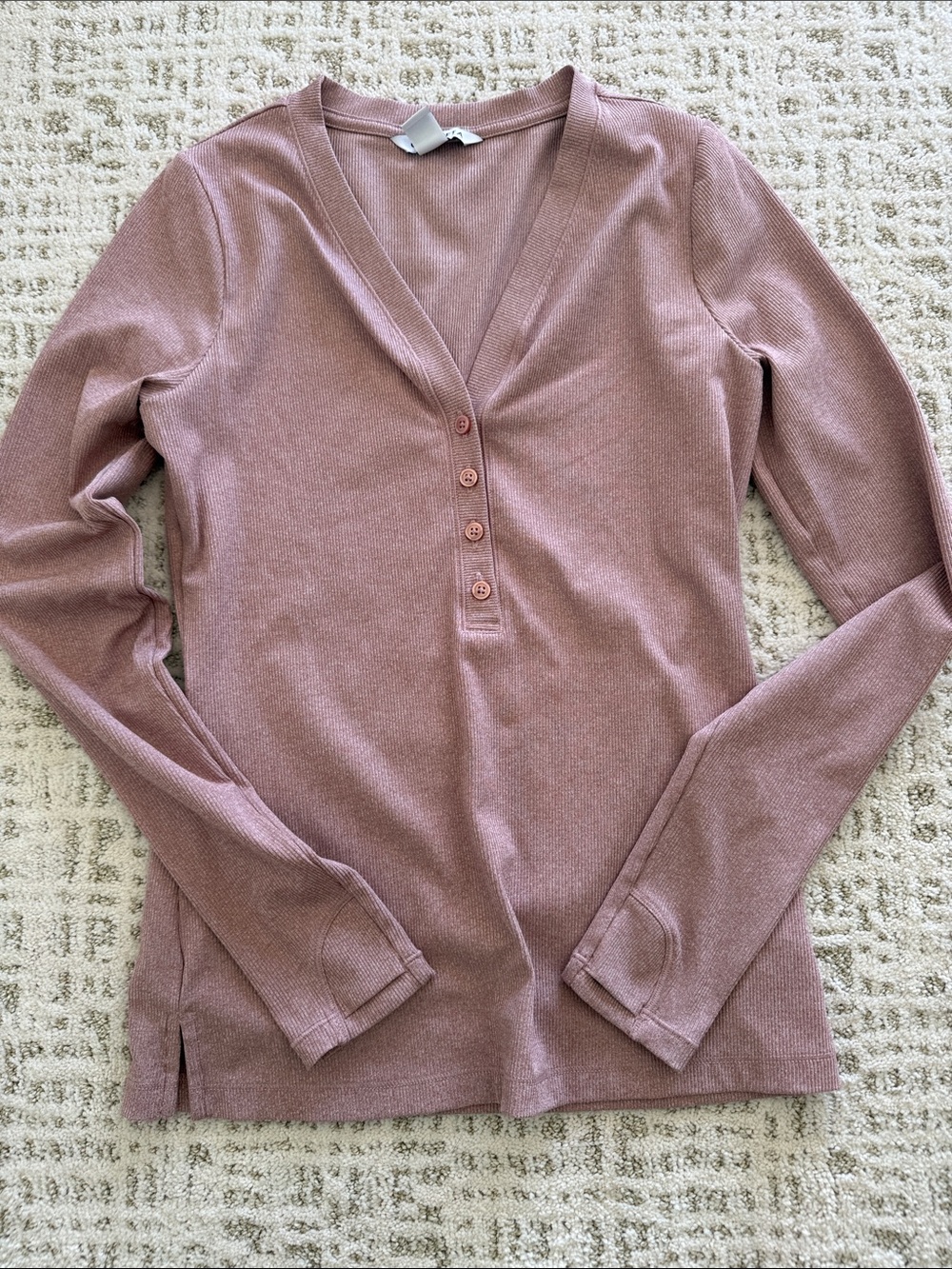 Athleta Dusty Rose Ribbed V-Neck Henley Long Sleeve Top